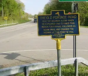 Historical marker on NY 394 east of Westfield commemorating the Old Portage Road.