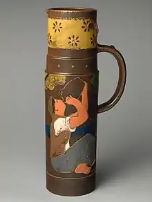 Stoneware tankard with man drinking from jug, Haviland & Co., mid-1880s