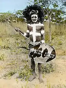 Photograph of a Ngoni warrior with nguni shield c. 1895