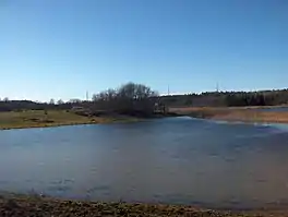 A low-lying lake, surrounded by trees