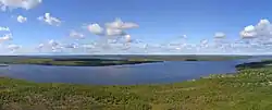 Lake Kuetsjarvi [no], seen from the east towards Norway. The strait between Kuetsjarvi and Svanevatn, with Salmiyarvi on the northern shore, is seen in the middle of the picture.