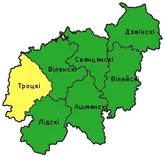 Language spoken. Majorities. Green - Belarusian-speaking population, yellow - Lithuanian-speaking population. Note: relative majority in Vilnius uyezd. Belarusian: (25,8 % with Vilnius city; 41,85% if excluding Vilnius), Lithuanian: (20,93 % with Vilnius city; 34,92% if excluding Vilnius)