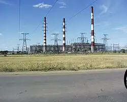 Iriklinskaj Power Station with chimneys used as high voltage pylons