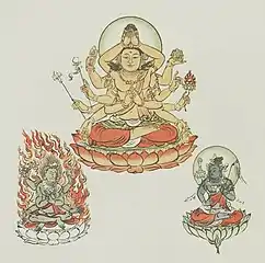 Twelve-armed Cintāmaṇicakra flanked by the Wisdom King Kuṇḍali and the bodhisattva Vajragarbha