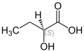 Molecular diagram of 2-hydroxybutyric acid, with the central alcohol carbon labeled "(S)"