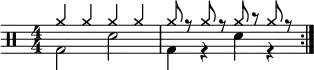 \version "2.16.2"
\header { tagline = ##f}
\score {
  <<
    \drums \with {midiInstrument = "drums"} \with { \numericTimeSignature } {
      \repeat volta 1 {
     <<{cymra4 cymra cymra cymra}\\{bd2 sne2}>>
      <<{cymra8 r cymra r cymra r cymra r}\\{bd4 r sne4 r}>>\break
 

    }}
>>
\layout {indent=0}

\midi { \tempo 4 = 100 }


}