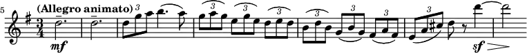 
\relative c'' \new Staff {
  \key g \major \time 3/4 \clef treble
  \set Staff.midiInstrument = "violin"
  \set Score.tempoHideNote = ##t \tempo "(Allegro animato)" 4 = 180
  \set Score.currentBarNumber = #5 \bar ""
  \set tupletSpannerDuration = #(ly:make-moment 1 4)
  \override TupletBracket #'direction = #1

  d2.--\mf | d-- | \times 2/3 { d8 g a } b4. ( a8) |
  \times 2/3 { g( a g) e( g e) d( e d) |
    \once \override TupletBracket #'Y-offset = #1.5 b( d b) g( b g) fis( a fis) |
  \override Hairpin #'to-barline = ##f
  e( a cis) } d r d'4\sf\> ~ d2\!
}
