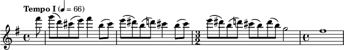 
  \relative c''' { \clef treble \key e \minor \time 4/4 \tempo "Tempo I" 4 = 66 \partial 8*1 fis8 g( d) cis( e) fis4 b,8( cis) e( dis) b( d) cis4 b8( cis) \time 3/2 e( dis) b( d) cis( b) d( b) g2 \time 4/4 fis1 }
