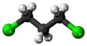 Ball-and-stick model of the 1,3-dichloropropane molecule