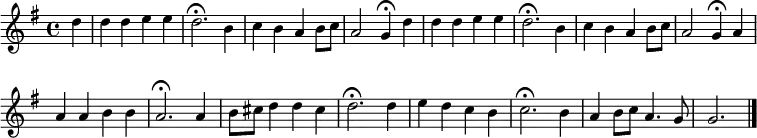 
\new Staff <<
\clef treble
\new Voice = "Soprano"
  { \key g \major \tempo 4=108 \set Staff.midiInstrument = "oboe" {
      \set Score.tempoHideNote = ##t
      \override Score.BarNumber #'transparent = ##t
      \time 4/4
      \relative c'' { \partial 4 d | d4 d e e | d2.\fermata b4 | c b a b8 c | a2 g4\fermata }
      \relative c'' { \partial 4 d | d4 d e e | d2.\fermata b4 | c b a b8 c | a2 g4\fermata }
      \relative c'' {
      a4 | a a b b | a2.\fermata a4 | b8 cis d4 d cis | d2.\fermata d4 | e d c b | c2.\fermata b4 | a b8 c a4. g8 | g2. \bar "|."
      }
    }
  }
>>
