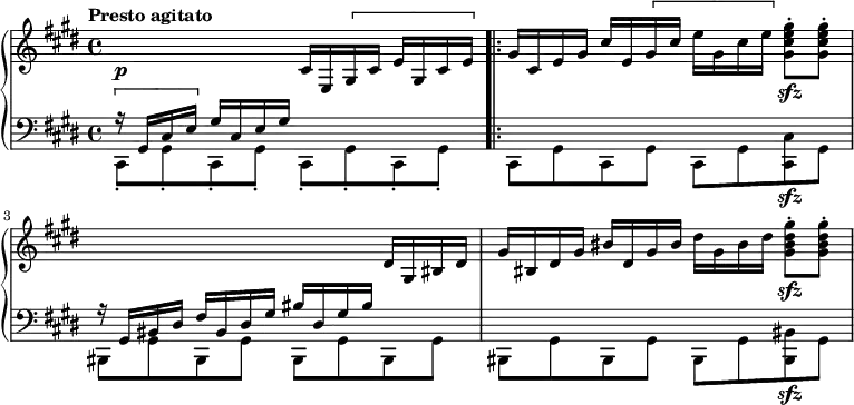 
\new PianoStaff <<
  \new Staff = "right" \with {
    midiInstrument = "acoustic grand"
  } \relative c'' { \set Score.tempoHideNote = ##t \tempo "Presto agitato" 4=160
  
    \key cis \minor
    \time 4/4
    %1
      s2\p cis,16 e, \[ gis cis e gis, cis e \] \bar ".|:" 
      gis cis, e gis cis e, \[ gis cis e gis, cis e \] <gis, cis e gis>8\sfz-. <gis cis e gis>-.
    %2
      s2. dis16 gis, bis dis
    %3    
      gis bis, dis gis bis dis, gis bis dis gis, bis dis <gis, bis dis gis>8-.\sfz <gis bis dis gis>-.
  }
  \new Staff = "left" \with {
    midiInstrument = "acoustic grand"
  } {
    \clef bass \relative c' {
      \key cis \minor
      \time 4/4
      \tempo "Presto agitato." 
      % impossible d'afficher le premier ! 
      %1
        << { \[ r16 gis,16 cis e \] gis16 cis, e gis s2 } \\ { cis,,8-. gis'-.  cis,-. gis'-. cis,-. gis'-. cis,-. gis'-.}>> \stemDown \bar ".|:"
      %2
        cis, gis' cis, gis' cis, gis' <cis, cis'>\sfz gis'
      %3
        <<{r16 gis bis dis fis bis, dis gis bis dis, gis bis s4}\\{bis,,8 gis' bis, gis' bis, gis' bis, gis'}>>
        bis, gis' bis, gis' bis, gis' <bis, bis'>\sfz gis'
    }
  }
>>
\midi { }
