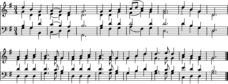 
<< <<
\new Staff { \clef treble \time 3/4 \key g \major \set Staff.midiInstrument = "church organ" \set Score.tempoHideNote = ##t \override Score.BarNumber  #'transparent = ##t
  \relative c''
  << { d4 b g | a( g) fis | g2. | g4 a b | c8( d c4) b4 | a2. |
  d4 b g | d2. | a'4 b c | b4. a8 g4 | a b c | b4. a8 g4 |
  g b d | d4. e8 d4 | c b a | g2. \bar"|." } \\
  { g4 d d | e( d) d | d2. | d4 d g | fis( a) g | fis2. |
  d'4 b g | d2. | fis4 g a | g4. fis8 g4 | fis g a | g4. fis8 g4 |
  g b d | g,4. g8 g4 | a g fis | g2. } >>
}
\new Staff { \clef bass \key g \major \set Staff.midiInstrument = "church organ" 
  \relative c'
  << { b4 g d' | c( b) a | b2. | b4 d d | d2 d4 | d2. |
  d4 b g | d2. | d'4 d d | d4. c8 b4 | d d d | d4. c8 b4 |
  g4 b d | b4. c8 b4 | e d c | b2. } \\
  { g4 g b, | c( d) d | g,2. | g'4 fis g | a( fis) g | d2. |
  d'4 b g | d2. | d4 d d | g4. g8 g4 | d4 d d | g4. g8 g4 |
  g4 b d | g,4. g8 g4 | c, d d | g2. } >>
}
>> >>
\layout { indent = #0 }
\midi { \tempo 4 = 90 }
