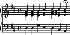 
   \new PianoStaff <<
      \new Staff <<
         \new Voice \relative c'' {
             \stemUp \clef treble \key d \major \time 4/4
             a4 a b cis d d cis\fermata
             }
         \new Voice \relative c' {
             \stemDown
              <d fis>4 <d fis> <d g> <e g> <fis a> <d gis> <e a>
              }
            >>
     \new Staff <<
         \relative c {
             \clef bass \key d \major \time 4/4
             d4 d g e d b a
             }
         >>
    >>
