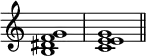 
{
\override Score.TimeSignature #'stencil = ##f
\relative c' {
   \clef treble 
   \time 4/4
   \key c \major
   <b dis f g>1 <c e e g> \bar "||"
} }
