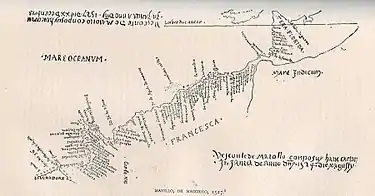 Image 33A 1527 map by Vesconte Maggiolo showing the east coast of North America with "Tera Florida" at the top and "Lavoradore" at the bottom. (from History of Florida)