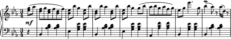 
 \relative c' {
  \new PianoStaff <<
   \new Staff { \key c \minor \time 3/4
    \tempo \markup {
     \column {
 }
   }
      \partial 4 <ees' g>8( aes <d, f> g <c, ees> f <bes, d> f') <bes, ees> bes' g4 <bes, ees>8 bes' <bes, d> bes' aes4 <bes, d>8 bes' <bes, ees> bes' g4 g8( bes aes bes g aes f g) ees g ees'4. g,8 bes4\mordent( aes8) r aes16( d,) r8
   }
   \new Dynamics {
    s\mf
      }
   \new Staff { \key c \minor \time 3/4 \clef bass
      r4 bes,, <aes' bes d> <aes bes d> ees <g bes ees> <g bes ees> bes, <aes' bes d> <aes bes d> ees <g bes ees> <g bes ees> aes, <aes' c f> <aes c f> bes, <g' bes ees> <g bes ees> bes, <aes' bes d> <aes bes d>
   }
  >>
 }
