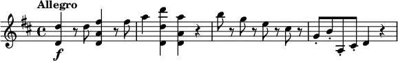 
\relative c'' {
  \tempo "Allegro"
  \key d \major
  <d d,>4\f r8 d <fis a, d,>4 r8 fis |
  a4 <d d, d,> <a a, d,> r |
  b8 r g r e r cis r |
  g8-. b-. a,-. cis-. d4 r |
}
