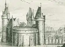 Beersel Castle depicted after the 1617 restoration by Jacobus Harrewijn in Castella et prætoria nobilium brabantiæ (1696)