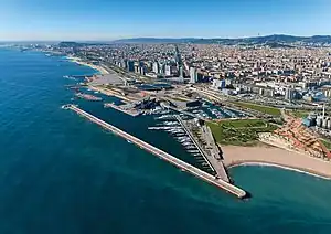 Coastline of Barcelona as viewed from Port Fòrum, with Montjuïc and Port Vell can also be seen.