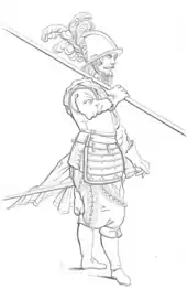 Line drawing of a Renaissance infantryman facing to the right, gripping a pike raised in his right hand, resting on his right shoulder. His left hand rests on the pommel of a sword attached to his mid-region. He wears a metal breast-plate and helmet decorated with a feathered plume. The soldier has a moustache and beard, and puffed out trousers. The legs are drawn slightly short.