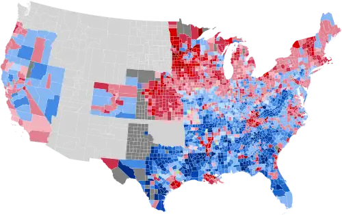 Results by county, shaded according to winning candidate's percentage of the vote