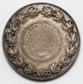 Reverse; inscription: ALLIANCE FRANCAISEMISS PAULINE TARN BELSIZE COLLEGE LONDON