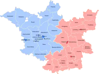 Map of Brandenburg highlighting the former Regierungsbezirk of Frankfurt (in red)