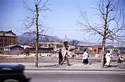 The church can be seen in the background, center of this picture (1953)