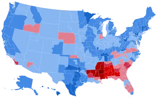 Results by district, shaded according to winning candidate's percentage of the vote