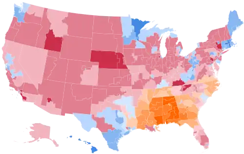 Results by district, shaded according to winning candidate's percentage of the vote