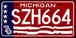 Special Michigan license plate design issued in honor of the bicentennial. Plates of this design were standard issue for all passenger cars registered in Michigan receiving new plates in 1976.