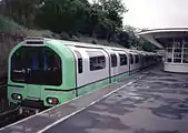 The Green 1986 prototype London Underground train at South Ealing station on the test track whilst undergoing trials.