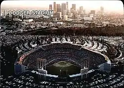 Dodger Stadium pictured beneath the Los Angeles skyline in 1987.