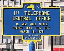 Image 51Historical marker commemorating the first telephone central office in New York State (1878) (from History of the telephone)