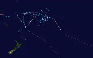 A map of the South Pacific Ocean depicting the tracks of the tropical cyclones in the 2009–10 South Pacific cyclone season.