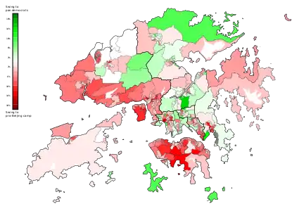 The election showed large swings in Mid-Levels areas in Hong Kong Island and New Territories West, particularly in Tsuen Wan, Tuen Mun, Kwai Tsing, Tin Shui Wai, and Tseung Kwan O in New Territories East, but the rural areas as well as urban areas in Sheung Shui, Tai Po, Sha Tin and Wong Tai Sin showed a small swing back to the pro-democrats.