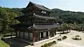 Mireukjeon or Maitreya Hall of Geumsansa Temple, a rare three-tiered structure. A Buddhist temple.