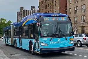 A Q44 bus in Select Bus Service operation in the Bronx