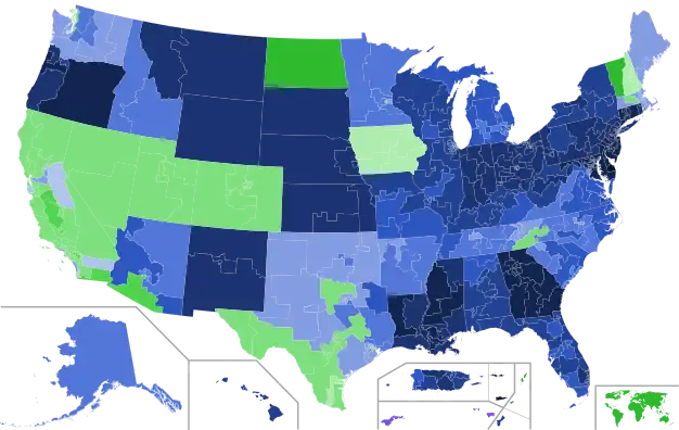 Results by delegate district (usually congressional district) by first preference vote. Darker colors denote greater support for the leading candidate.