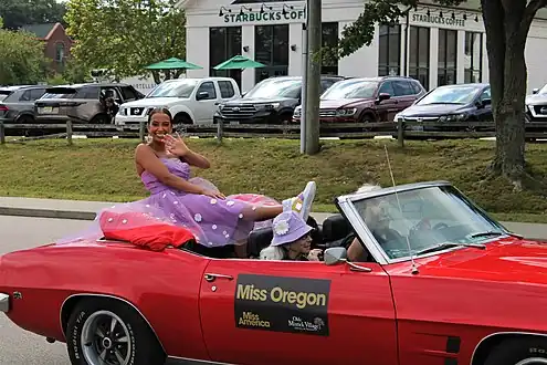 Miss Oregon 2021 Abigail Hayes in the iconic Show Us Your Shoes Parade. Hayes wore custom Nike Shoes.