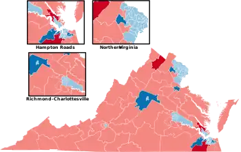 A map of Virginia showing the results of the 2019 Virginia House of Delegates election, with Republican districts in red and Democratic districts in blue, with heavier shading showing which changed parties.