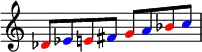 
 {
\omit Score.TimeSignature
\relative c' {
  \once \override NoteHead.color = #red des8 \once \override NoteHead.color = #blue es \once \override NoteHead.color = #red e! \once \override NoteHead.color = #blue fis \once \override NoteHead.color = #red g \once \override NoteHead.color = #blue a \once \override NoteHead.color = #red bes \once \override NoteHead.color = #blue c
} }
