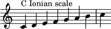  {
\override Score.TimeSignature #'stencil = ##f
\relative c' {
  \clef treble \time 7/4
  c4^\markup { C Ionian scale } d e f g a b c
} }
