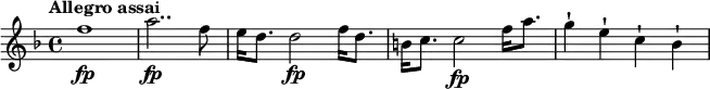 
\relative c'' {
  \tempo "Allegro assai"
  \key f \major
  f1\fp |
  a2..\fp f8 |
  e16 d8. d2\fp f16 d8. |
  b16 c8. c2\fp f16 a8. |
  g4-! e-! c-! bes-! |
}
