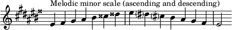  {
\omit Score.TimeSignature \relative c' {
  \key eis \minor \time 7/4 eis^"Melodic minor scale (ascending and descending)" fisis gis ais bis cisis disis eis dis? cis? bis ais gis fisis eis2
} }
