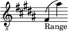 { \new Staff \with { \remove "Time_signature_engraver" } \clef "treble_8" \key b \major fis_"Range" (ais') }