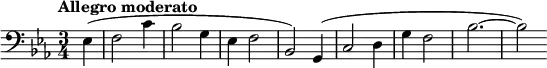  \relative c { \clef bass \time 3/4 \key ees \major \tempo "Allegro moderato" \partial 4*1 ees( f2 c'4 | bes2 g4 | ees f2 | bes,2) g4( | c2 d4 | g f2 | bes2.~ | bes2) } 