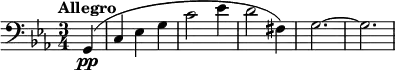 
\relative c {
 \clef bass
 \key c \minor
 \time 3/4
 \tempo "Allegro"
 \set Staff.midiInstrument = #"cello"
 \set Score.tempoHideNote = ##t \tempo 2. = 80
 \partial 4 g(\pp | c ees g | c2 ees4 | d2 fis,4) | g2.~ | g2.
}
