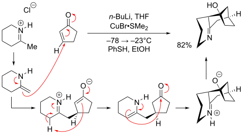 An intermolecular formal [3+3] cycloaddition between an cyclic iminium chloride and cyclopentenone.