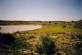 A lake with a sandy/rocky foreshore